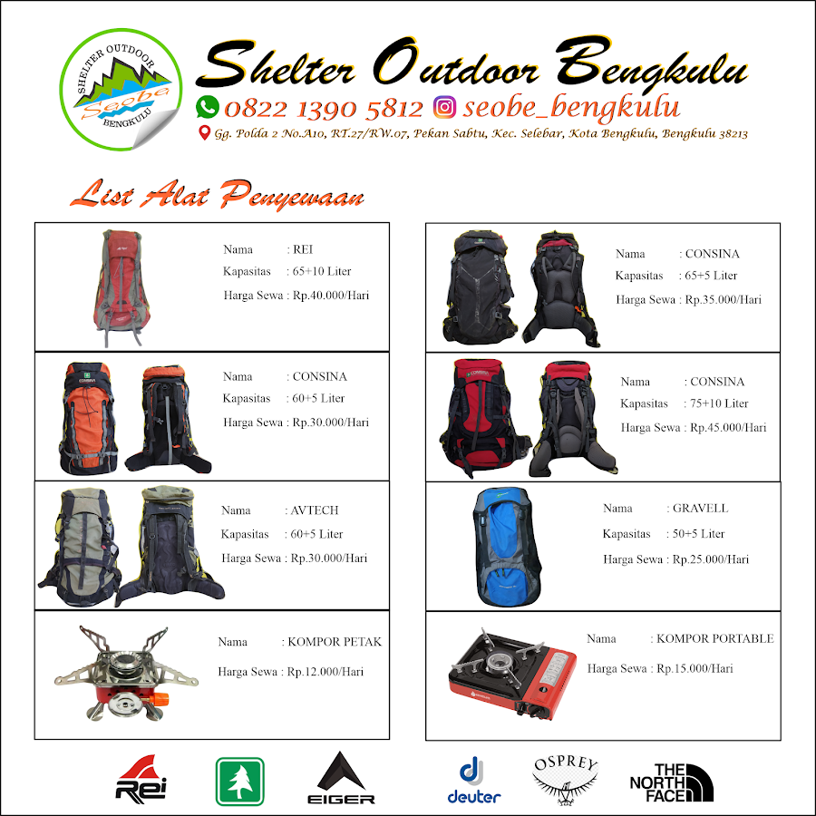 Sewa Alat Outdoor, Sewa Alat Camping, Jual beli Alat Outdoor (Shelter Outdoor Bengkulu)